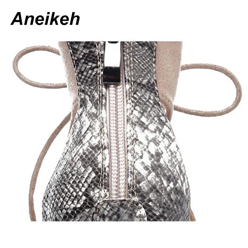 Aneikeh 2024 Spring Woman Shoes Snake Grain Splicing Strap Sandals Fashion Show 35-42 Rome Ankle Strap Open Toe Party Sandals