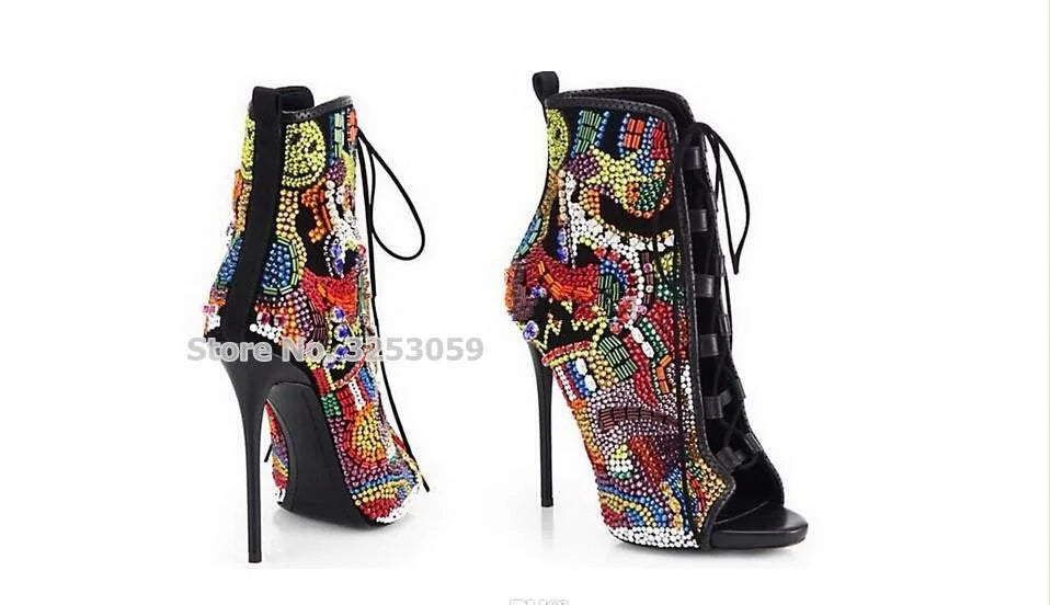 Women Multi-color Crystal Ankle Boots Open Toe Lace-up Exquisite Colorized Rhinestone Booties Extremely High Heels Wedding Shoes