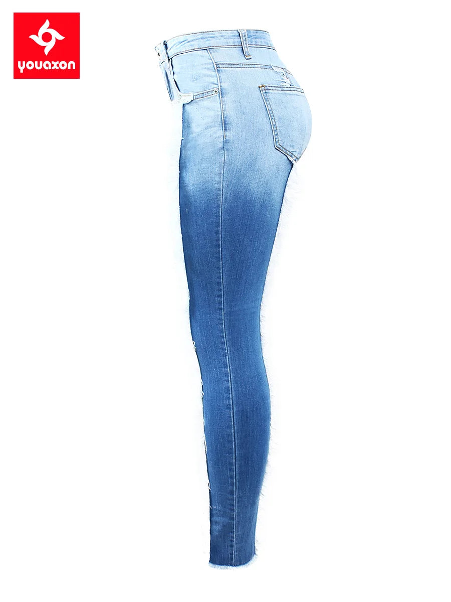 2158 Youaxon Tassel Jeans Woman Stretchy Patchwork Denim Skinny Pencil Pants Trousers For Women