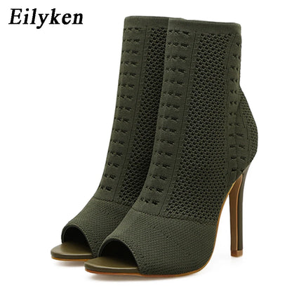 Eilyken Green Knitting Elastic Womens Sock Ankle Boots Open Toe High Heels Fashion Ladies Pumps Pole Dancing Shoes Size 42