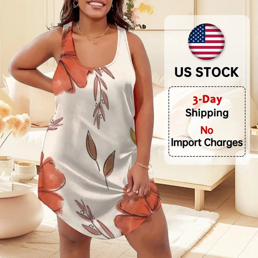 Women's Rustic Orange Floral Sleeveless Sleeve Dress Autumn Botanical Print Tee Vintage Fall Flower Design Cottagecore Top Chic Le'Meek