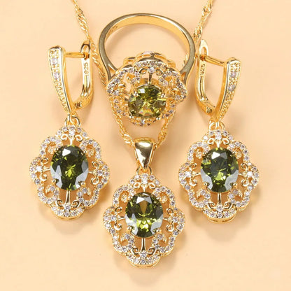 10-Colors Cubic Zirconia Women Accessories 18K Gold Plated Olive Green Zirconia Charm Bracelet And Ring Jewelry Sets