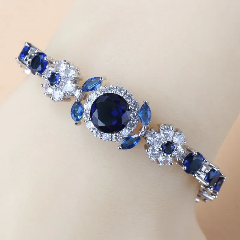 925 Silver Charm Female Bracelet Bangle Blue Cubic Zirconia 6-Colors Wedding Jewelry Adjustable Length 18+3CM