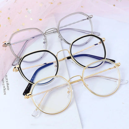 0 -1.0 -1.5 -2.0 To -6.0 Women Fashion Round Myopia Glasses Oversized Eyeglasses Frames Students Metal Anti-blue Clear Glasses