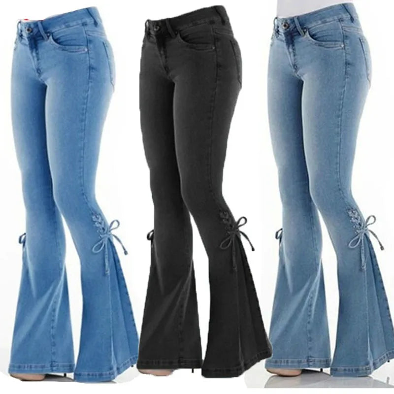 Fashion Mid Waist Denim Flare Pants Women Lace Up Slim-fit Stretch Jeans Wide Leg Trousers Lady Casual Bell-Bottoms