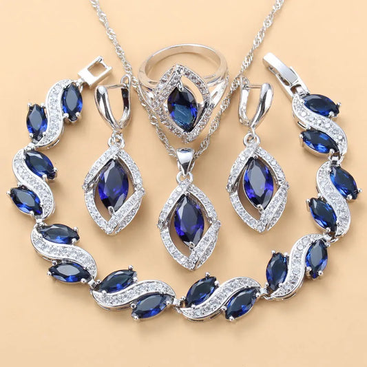 925 Mark Silver Color Wedding Dress Accessories Women Bridal Necklasce And Earrings Jewelry Sets Zircon Blue Bracelet Ring Sets