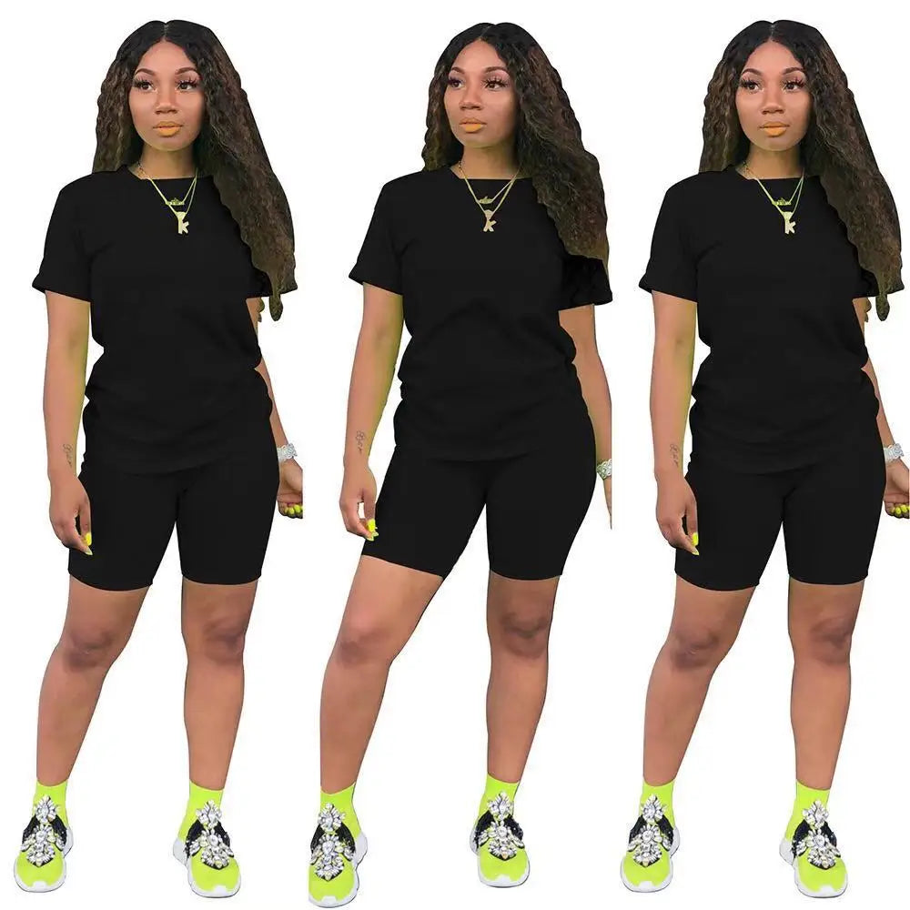 Women Two Pieces Sets Summer Tracksuits Short Sleeve Tops+Jogger Shorts  Fitness Outfit GL5263