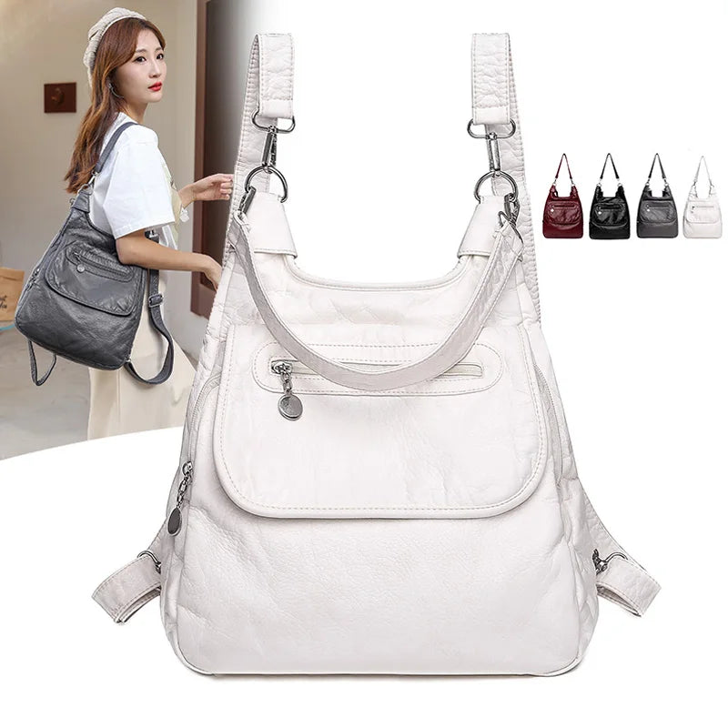 White Backpacks Fashion Soft Washed PU Leather Shoulder Bags Anti-thief Backpack Large Capacity School Bag for Teenager Girls