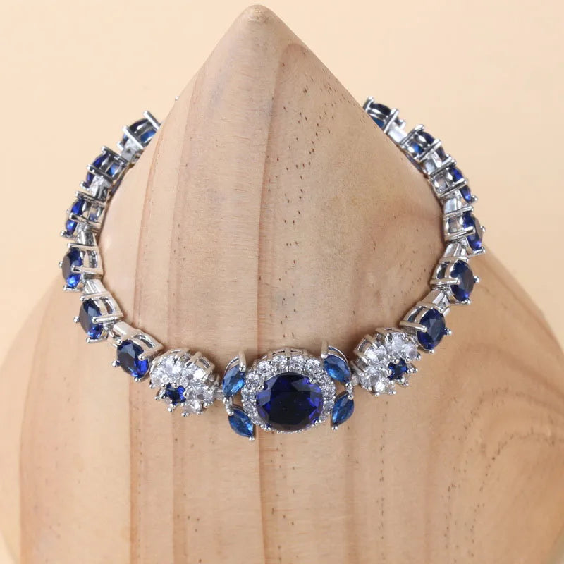 925 Silver Charm Female Bracelet Bangle Blue Cubic Zirconia 6-Colors Wedding Jewelry Adjustable Length 18+3CM