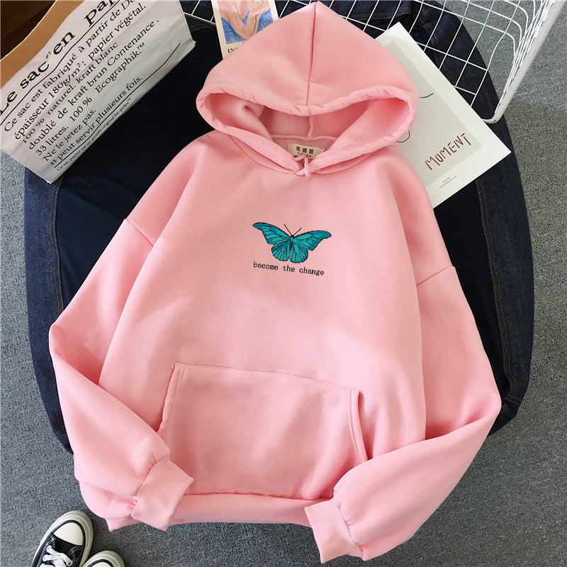 Butterfly Print Long-Sleeved Hoodie with Butterfly Print Kangaroo Pocket