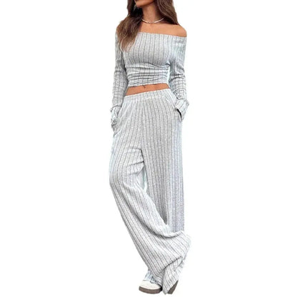 2024 Spring Knitted 2 Piece Sets Women Tracksuit Long Sleeve Vintage Sweater Crop Top Flare Pants Stretch Matching Suit Outfit Chic Le'Meek