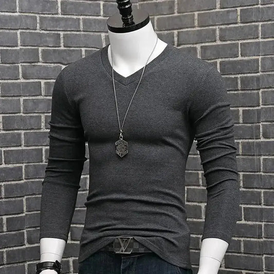 Men Casual Long Sleeve Pull on V neck Bottoming Shirt Tees Chic Le'Meek