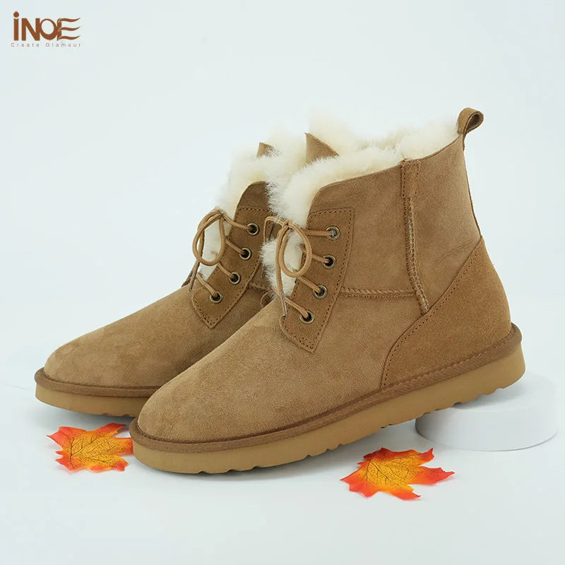 INOE Women Fashion Casual Short Winter Snow Boots Sheepskin Suede Leather Natural Sheep Wool Fur Lined Warm Shoes Waterproof