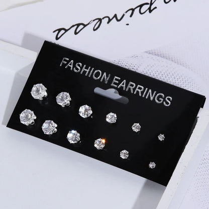 6/12 Pair Mixed Size White&Black Color Cubic Zircon Stud Earrings SET Shine Crystal Ear Studs for Men&Women Punk Party Jewelry