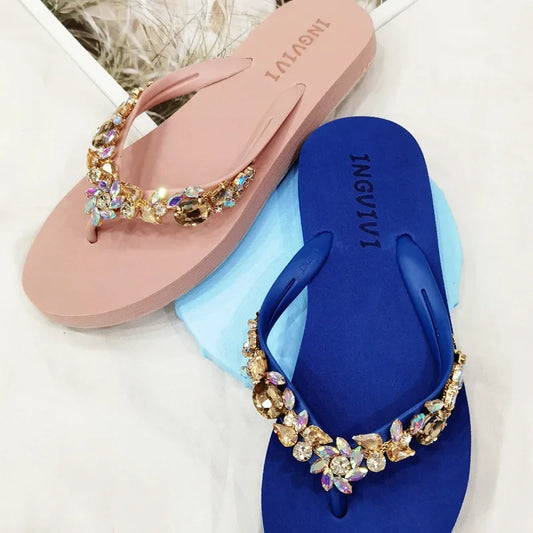 Slippers Women Glitter Flip Flops  Summer 2023 Fashion Outdoor Rhinestone Chain Wedge Beach Slippers Jelly Hawaiian Flat Sandals