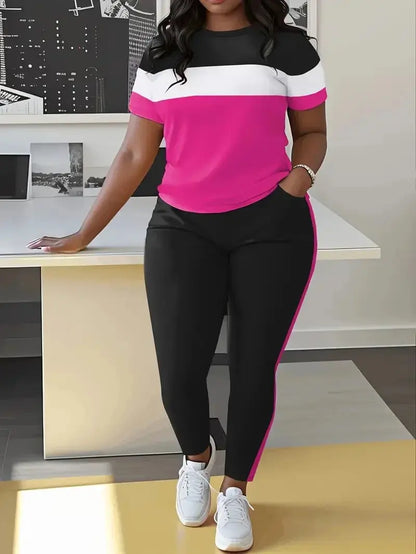 Plus-Size Women's Fashion Casual Short-Sleeve Long Pants Set with Striped Color Temu
