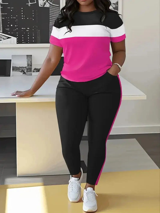 Plus-Size Women's Fashion Casual Short-Sleeve Long Pants Set with Striped Color Temu