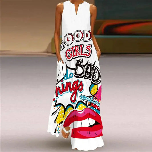 Mask printing Dress Sexy Sleeveless Dress  V-Neck  Casual  Clothing Women Chic Le'Meek