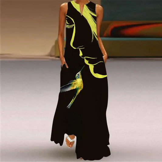 Mask printing Dress Sexy Sleeveless Dress  V-Neck  Casual  Clothing Women Chic Le'Meek