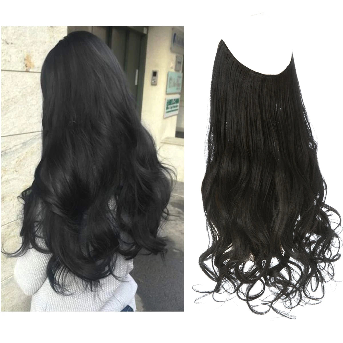 Synthetic No Clips In Natural Hair Extension Ombre Black Blonde Pink One Piece Long Wave Invisible Wire False Fake Hair Piece