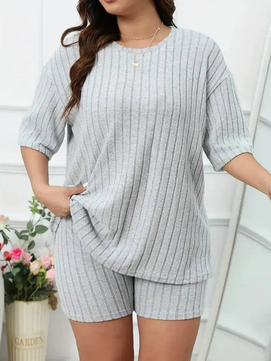 Plus Size Women's Lounge Set Top and Shorts Sets Ladies Solid Ribbed Short Sleeve Round Neck Top & Shorts Pajamas 2 Piece Set Chic Le'Meek