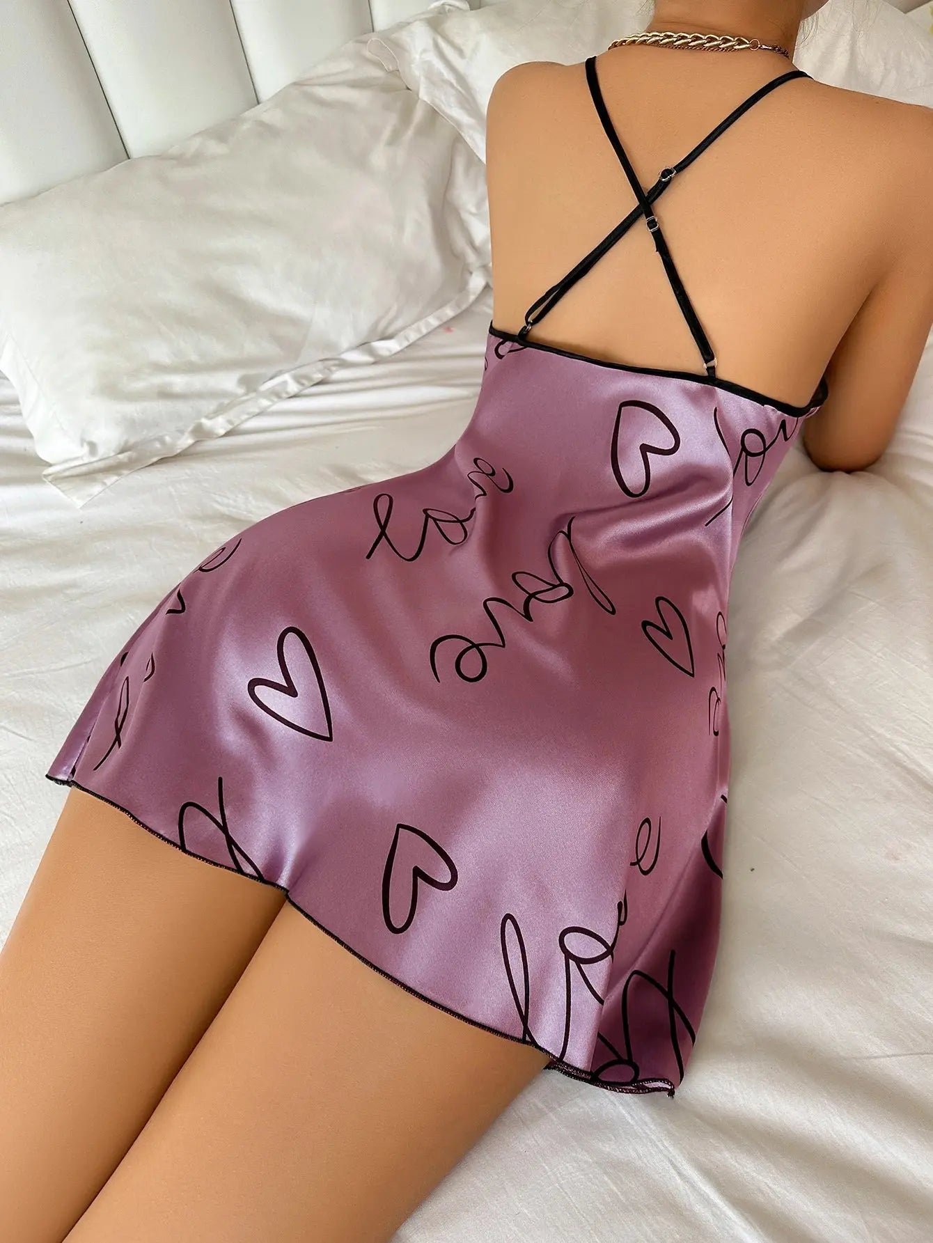 Heart   Letter Print Nightdress  Casual Round Neck Spaghetti Strap Sleep Dress  Women's Sleepwear   Dresses Chic Le'Meek