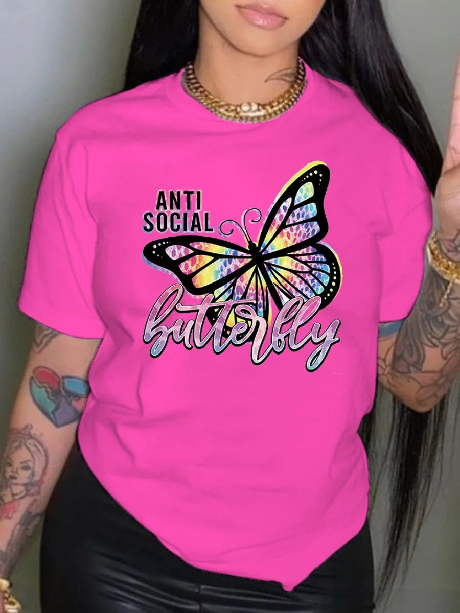 LW Plus Size Tops Rhinestone Butterfly Letter Print T-shirt L-5XL Regular Short Sleeve Positioning Printing O Neck Tee For Women