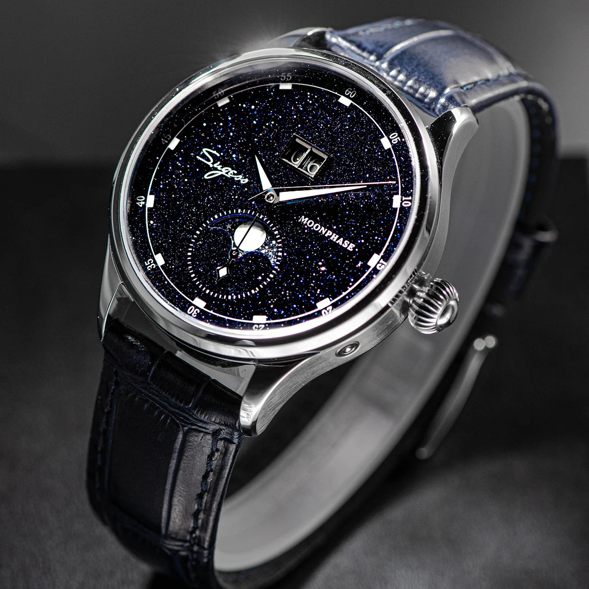 Sugess Moonphase Watch of Men 40mm Automatic Mechanical Wristwatches Seagul ST2528 Movement Stainless Steel Blue Sandstone Dial