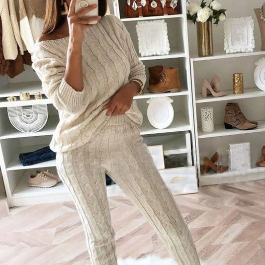 Autumn Winter Women Knitted Tracksuit Two Piece Set Women Sweater Tops Elastic Waist Pant Knitted Suit Women Two Piece Outfits