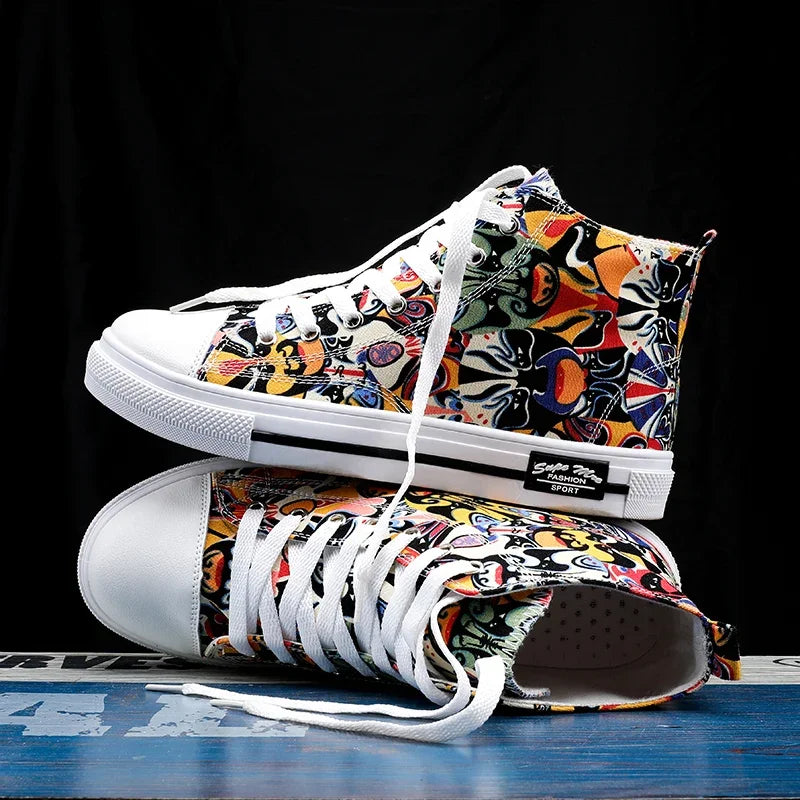 Cool Discount Low Price Shoes Graffiti Canvas Shoes Men's Sneakers High Top Couple Style Board Casual Mens Tennis Men's Shoes