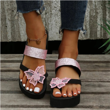 Women's Wedge Sandals 2022 Summer Fashion Slippers Platform Rhinestone Butterfly Slipper Outdoor Open Toe Ladies Shoes Flip-flop