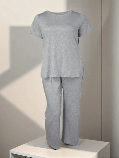 Plus Size Two Piece Summer Casual Solid Colour Tops, Yoga Wear Exercise Set, Tops and Pants Chic Le'Meek