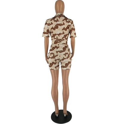 CM.YAYA Street Camouflage Women's Set Short Sleeve Pocket Front Shirt and Cargo Shorts Suit 2023 Two 2Piece Set Outfit Tracksuit