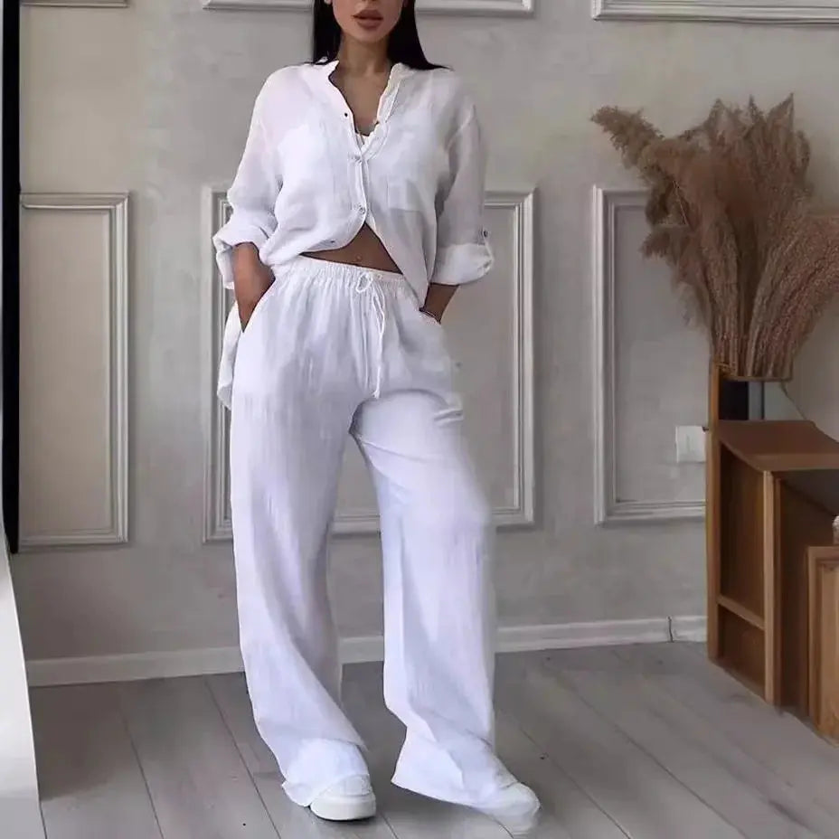 Women Plus Size Two Pieces Set Drawstring Straight Elastic Waist and Long Sleeve Button Shirt Top Matching Set Linen Cotton Set Chic Le'Meek