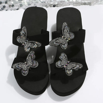 Lucyever Crystal Butterfly Wedges Heel Slippers Women 2023 Plus Size Thick Sole Sandals Woman Non Slip Platform Flip Flops Mujer