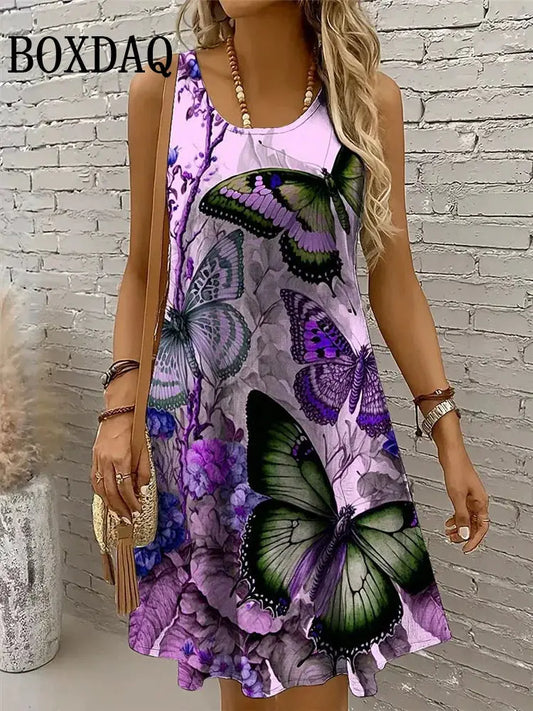 Dresses For Women 2025 Women Vacation Beach Summer Vest Butterfly Flowers Chic Le'Meek