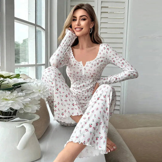 Sleepwear Women Floral Print Lettuce Trim Top with Long Pant Lovely Loungewear Chic Le'Meek