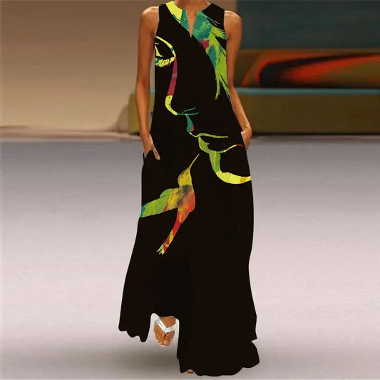Mask printing Dress Sexy Sleeveless Dress  V-Neck  Casual  Clothing Women Chic Le'Meek