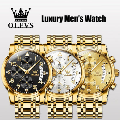 OLEVS Luxury Men's Watches Original Gold Chronograph Wristwatch Waterproof Stainless Steel Luminous Quartz Watch for Man Social