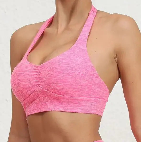 2025 1/2PCS V Back Lycra Pad Pocket Halter Sport Bra Yoga Set Squat Proof Scrunch Legging Workout Pant Gym Fitness Active Suits Chic Le'Meek