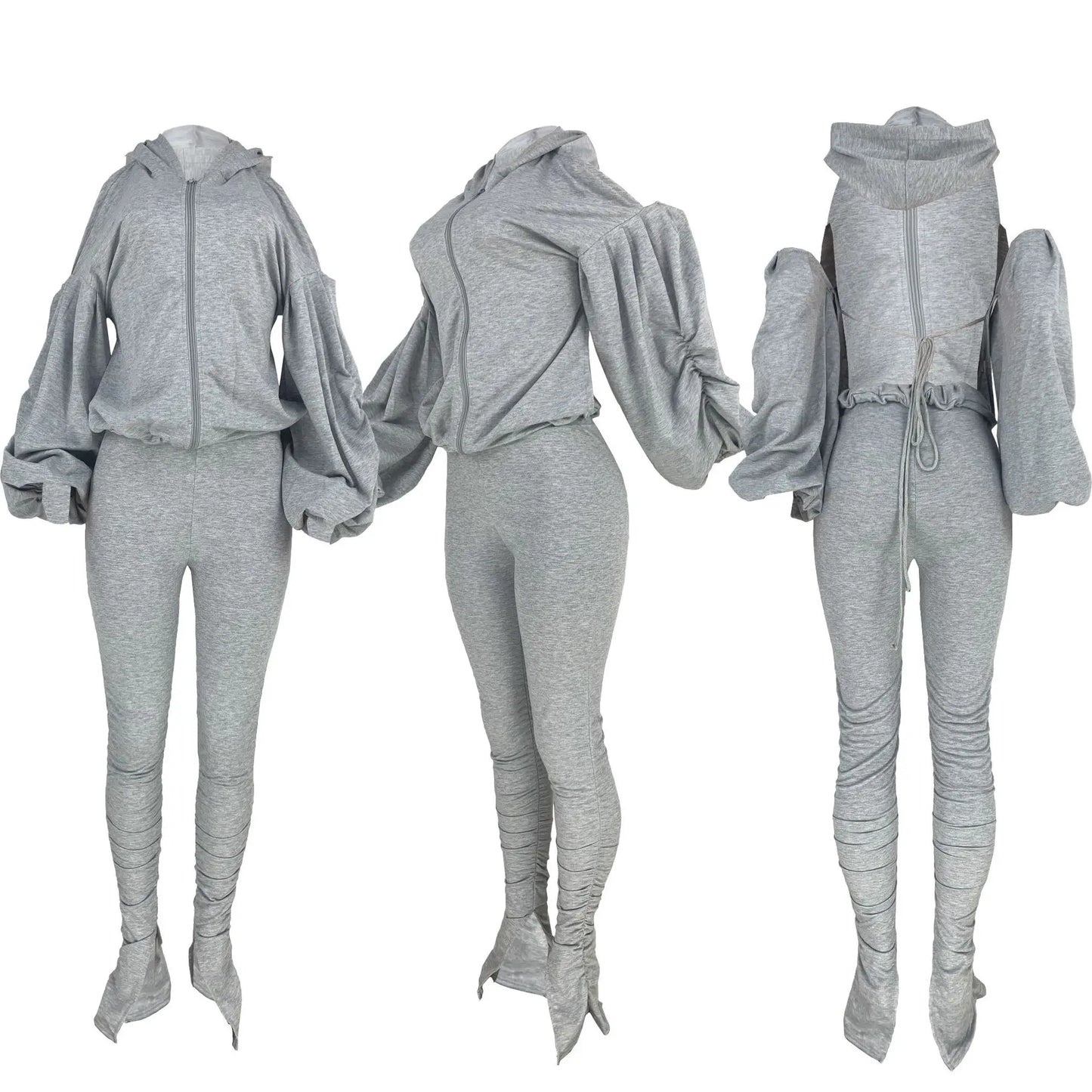 Autumn Women Casual Two Piece Set Top Trouser Solid Puff Sleeve Backless Hooded Pants Tracksuit Sweatsuit Y2k Streetwear Outfits