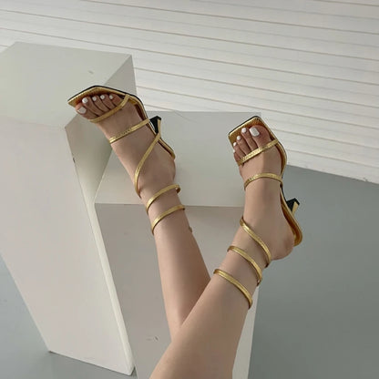 New Arrival Fashion Gold Women High Heels Sandals Thin Low Heel Narrow Band Rome Sandal Summer Gladiator Casual Sandal Shoes