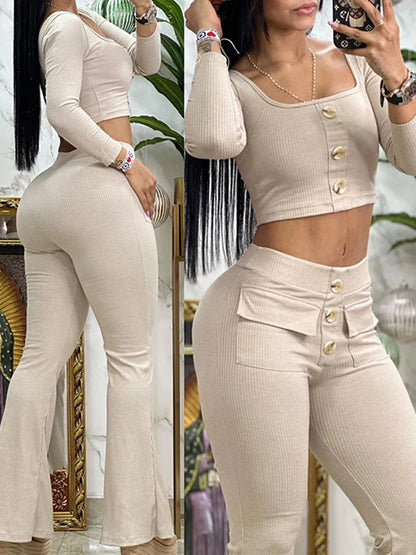 Elegant Suits for Women 2 Pieces Set Spring Autumn Fashion Square Neck Buttoned Top & Pocket Design Flared Pants Set Tracksuits