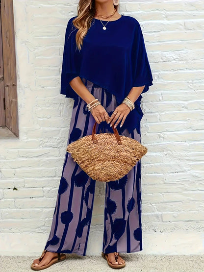 Women's casual plus size suits Spring and summer suits Round neck Geometric pattern Bat short sleeve top and straight pants Wome Chic Le'Meek