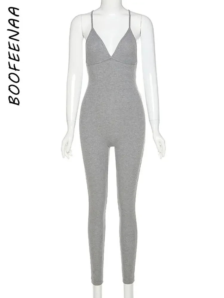 BOOFEENAA Comfy Grey Ribbed Knit One Piece Jumpsuit Women Fall 2023 Sexy Deep V Neck Backless Bodycon Romper C87-CZ20