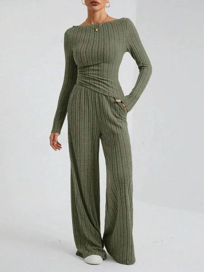 2024 Spring Knitted 2 Piece Sets Women Tracksuit Long Sleeve Vintage Sweater Crop Top Flare Pants Stretch Matching Suit Outfit Chic Le'Meek