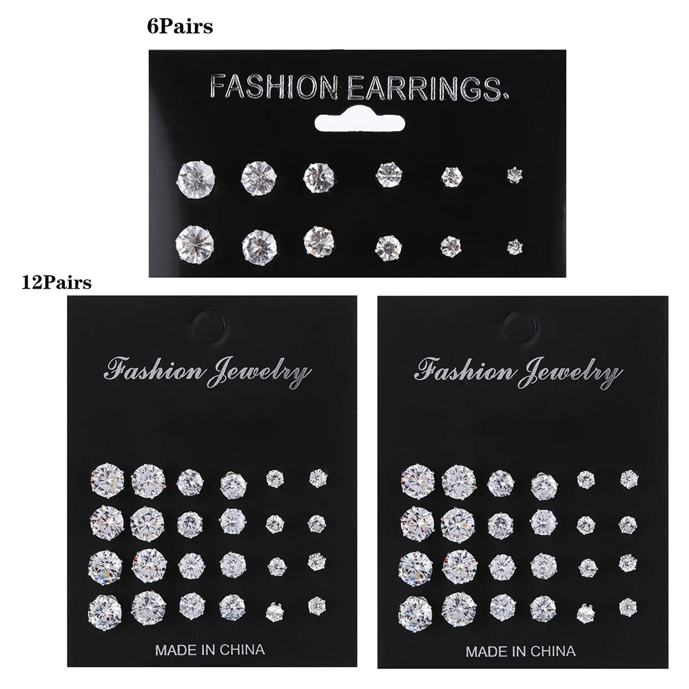 6/12 Pair Mixed Size White&Black Color Cubic Zircon Stud Earrings SET Shine Crystal Ear Studs for Men&Women Punk Party Jewelry