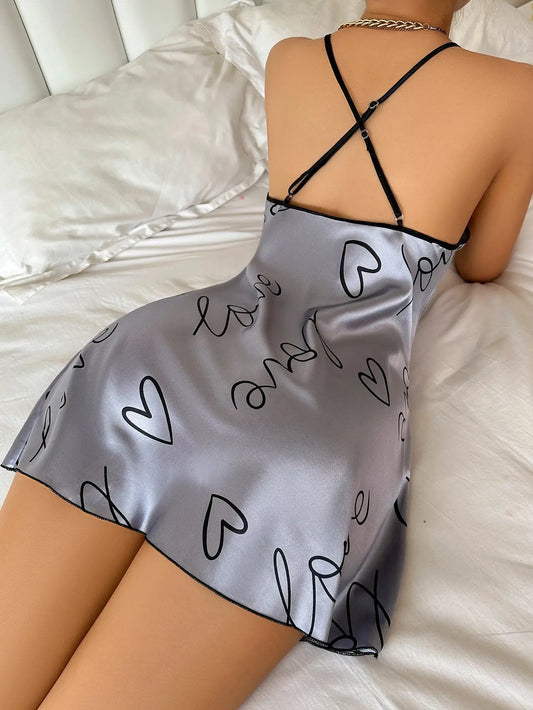 Heart   Letter Print Nightdress  Casual Round Neck Spaghetti Strap Sleep Dress  Women's Sleepwear   Dresses Chic Le'Meek