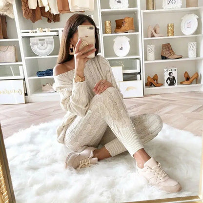 Autumn Winter Oversized O Neck Solid Color Casual Sweater Set Ladies Loose Fashion Elastic Jumpers Pants Suit Women's Clothing