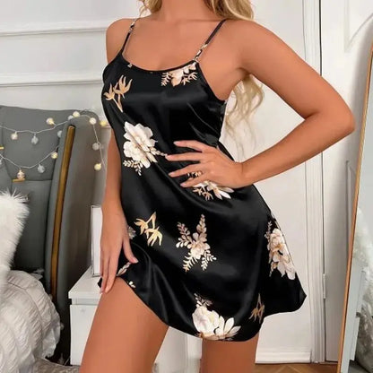 Women Nightwear Home Clothes Sexy Black Floral Printing Nightdress Sleepwear Nightshirts Silk Sleepshirts Nightgowns For Woman Chic Le'Meek